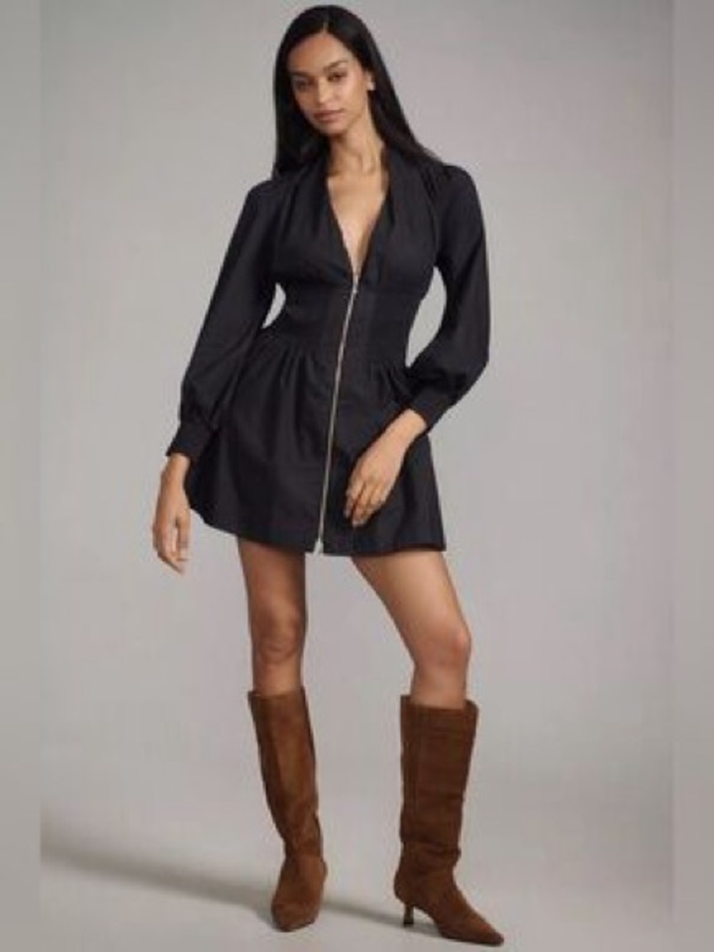 Anthropologie Tommie Long-Sleeve Smocked Front-Zip Mini Shirtdress Black Size XL